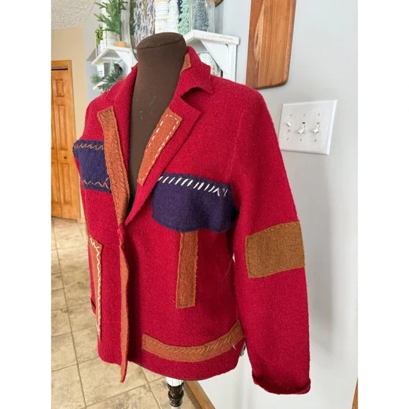 Christopher Banks Red Boiled Wool Patchwork Cardigan Jacket Blazer Womens Large - Picture 2 of 8